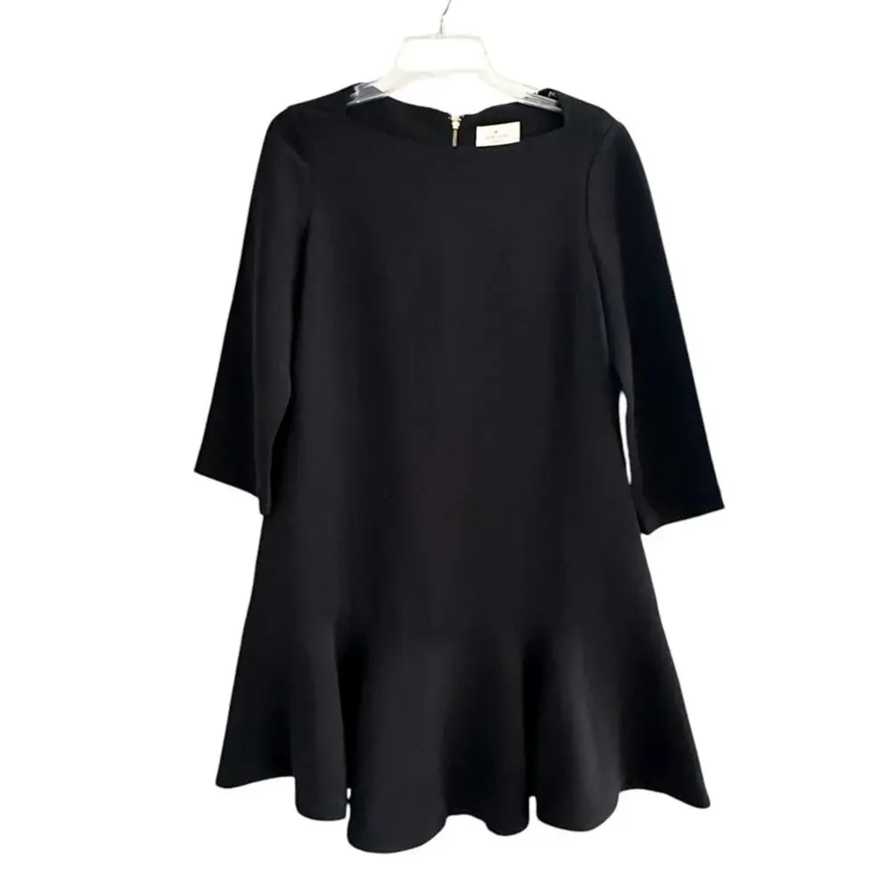 Kate Spade Black Crepe Flounce Dress Solid Size 8 Bateau Boat Neck Mini Elegant